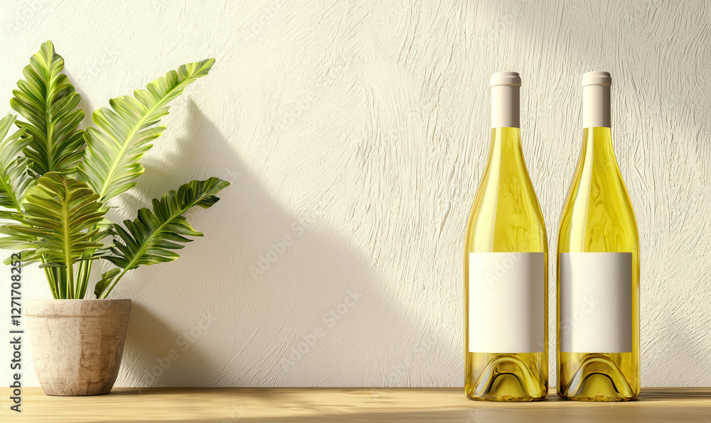 Poster a serene display of refreshing white wine bottles accompanied by lush greenery in a minimalist inter