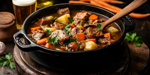 Hearty beef stew in a rustic cast iron pot, garnished with fresh parsley. Perfect for a cozy autumn or winter meal.