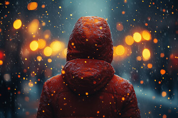 Solitude in the City's Glow, A Figure Embracing Winter's Embrace
