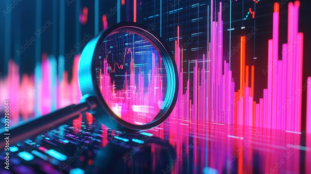 Aufkleber a magnifying glass placed over a financial business graph, emphasizing key data points.