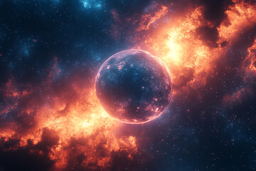 Celestial Sphere Amidst Fiery Cosmic Clouds and Starry Expanse