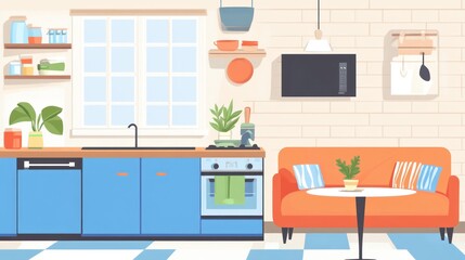 Modern Kitchen Design with Orange Sofa and Blue Cabinets