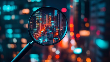 A magnifying glass placed over a financial business graph, emphasizing key data points.