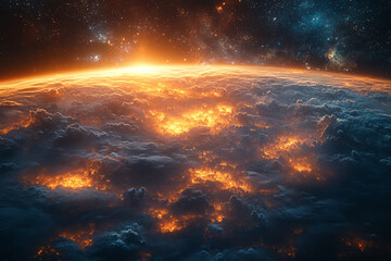 Obraz premium Celestial Inferno, Cosmic Sunrise Over Molten Cloudscapes From Outer Space