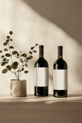 Elegant Presentation of Wine Bottles with a Decorative Plant: A Minimalist Approach to Interior Decor and Beverage Display