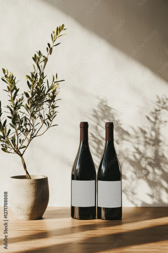 Poster elegant wine display: revel in the harmony of minimalist design with two bottles of wine embraced by