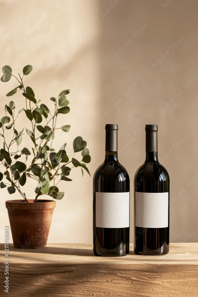 Aufkleber explore the elegance of minimalistic wine presentation: two bottles with rich depth set against natu