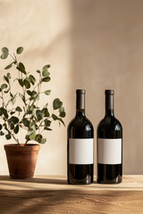 Explore the Elegance of Minimalistic Wine Presentation: Two Bottles with Rich Depth Set Against Natural Elements for an Inviting and Stylish Atmosphere