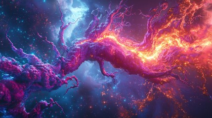 Cosmic Nebula Trees, Fiery Branches, Deep Space