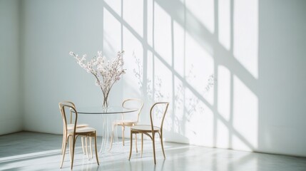 Fototapeta premium A minimalist glass dining table with modern chairs, placed in a bright, stylish apartment.