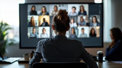 Virtual meeting collaboration online conference video call office environment overhead view team communication for remote work