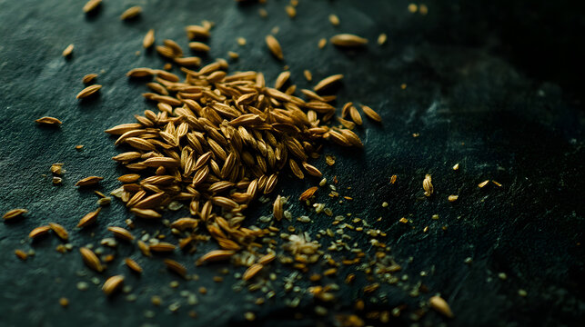 A sprinkle of cumin seeds on a dark background, showcasing their rich brown color and elongated shape.