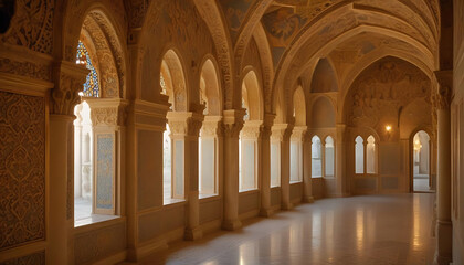 Fototapeta premium A sunlit arched hallway with intricate wall designs