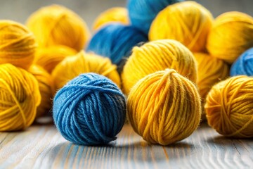 Colorful Yarn Balls: Blue and Yellow Knit Supplies on White Background