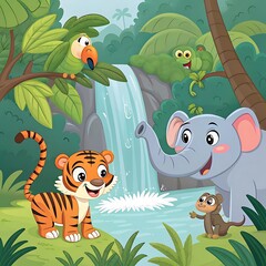 Naklejka premium – A fun 3D jungle scene with a friendly tiger, a happy parrot, a curious chameleon, a cheeky monkey, and a wise elephant gathered near a waterfall surrounded by lush green foliage. Each animal has bri