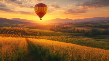 Obraz premium hot air balloon ascends at sunset over vineyards, creating sense of awe and adventure