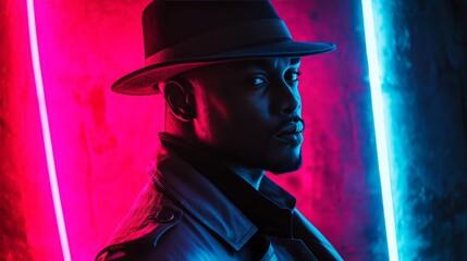 A dramatic silhouette of a Black man wearing an 80s fedora and trench coat, lit only by vibrant pink and blue neon side lights, creating a cinematic noir effect.