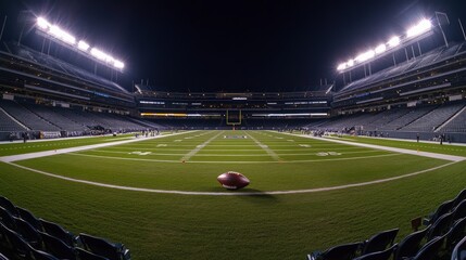 Fototapeta premium A panoramic view of an American football on the center of a stadium field, with the field lights casting long shadows and the stands empty, capturing the pre-game atmosphere.