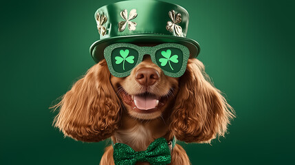 Dog wearing glasses with shamrock lenses and a clover hat enjoys a St Patricks Day celebration. Background features vibrant shades of green creating a festive atmosphere