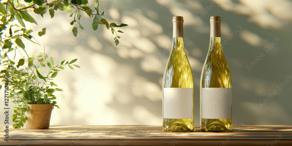 Aufkleber refreshing wine experience: elegant bottles surrounded by lush greenery in a cozy setting