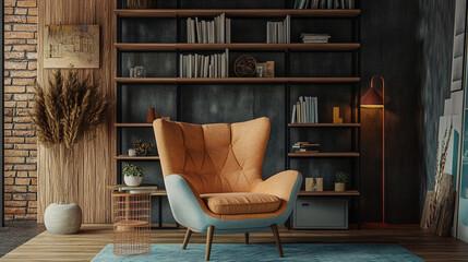 Inviting pastel armchair with warm decor exudes comfort bookcase backdrop evokes sense of home and relaxation