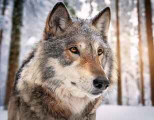 Majestic wolf staring in snowy forest habitat, wildlife portrait
