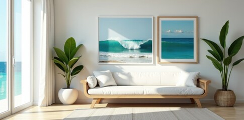 Serene coastal living room interior design featuring a light wood sofa, ocean wave artwork, and tropical plants in minimalist setting