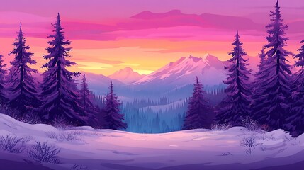 Vibrant sunset over snow-capped mountains and pine forest.