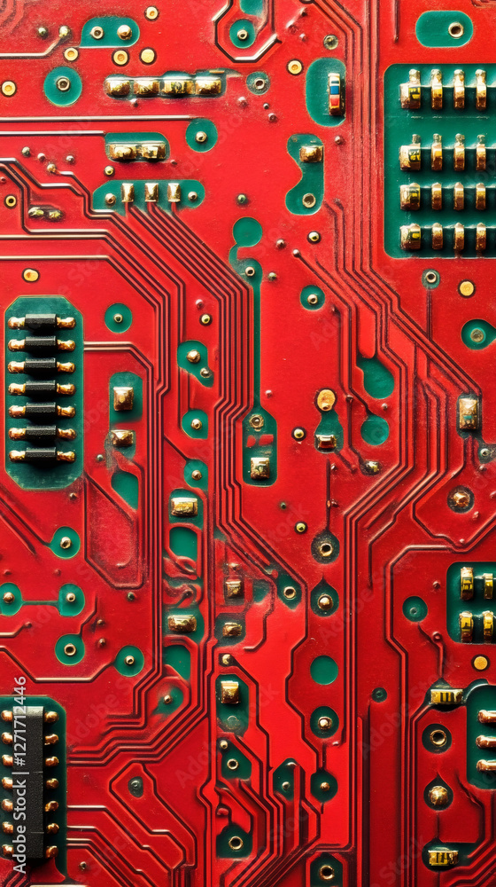 Leinwandbilder Close-up of a red printed circuit board illustrating the intricate network of electronic components and pathways