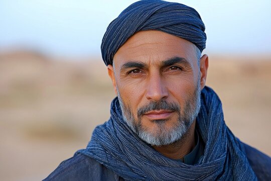 man wears dark blue jubba and taqiyah cap as he stands in beautiful desert setting wind softly moving his robe evoking sense of tradition and calm.