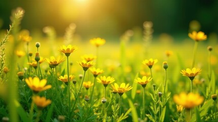 Obraz premium Golden Hour Meadow A Field of Sunlit Yellow Flowers Basking in Warm Light
