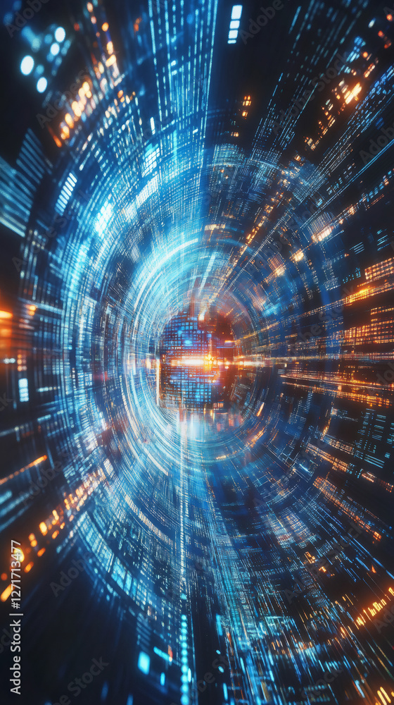 Poster abstract digital information flowing through cyberspace tunnel, creating a futuristic technological 