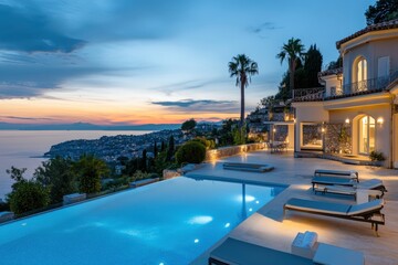 Luxury infinity pool overlooking french riviera at sunset