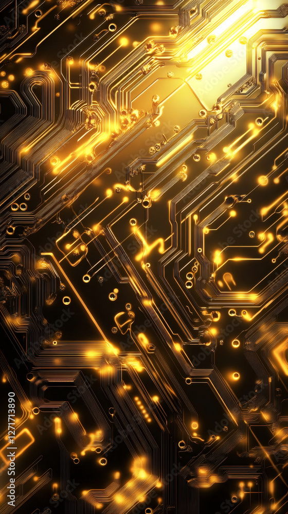 Aufkleber Futuristic golden circuit board with data flowing and shining, representing electronic connections and digital information processing