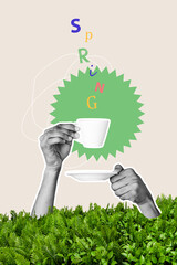 Exclusive image vertical photo collage of hands hold coffee cup saucer americano break celebration...