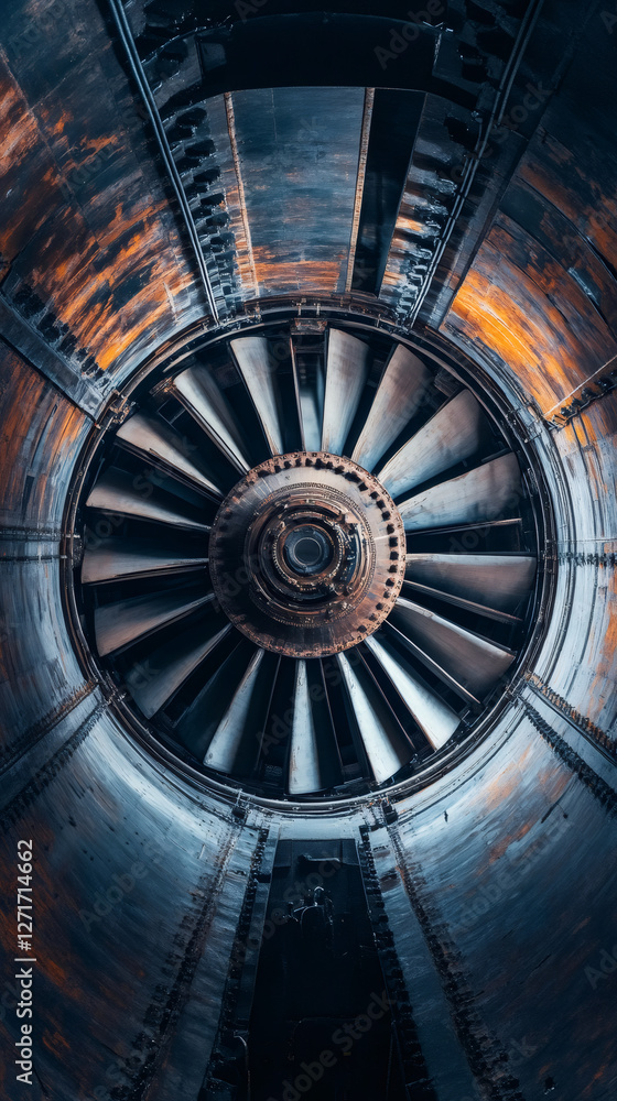Aufkleber Close-up of a rusty turbine showing its blades inside a duct, creating a powerful image of industrial mechanics