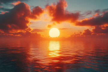 Golden Orb's Descent, A Celestial Symphony of Light and Sea Embrace