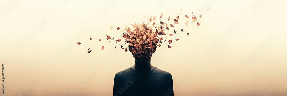 Poster surreal image of a person with head exploding into flying autumn leaves, representing dementia, stre