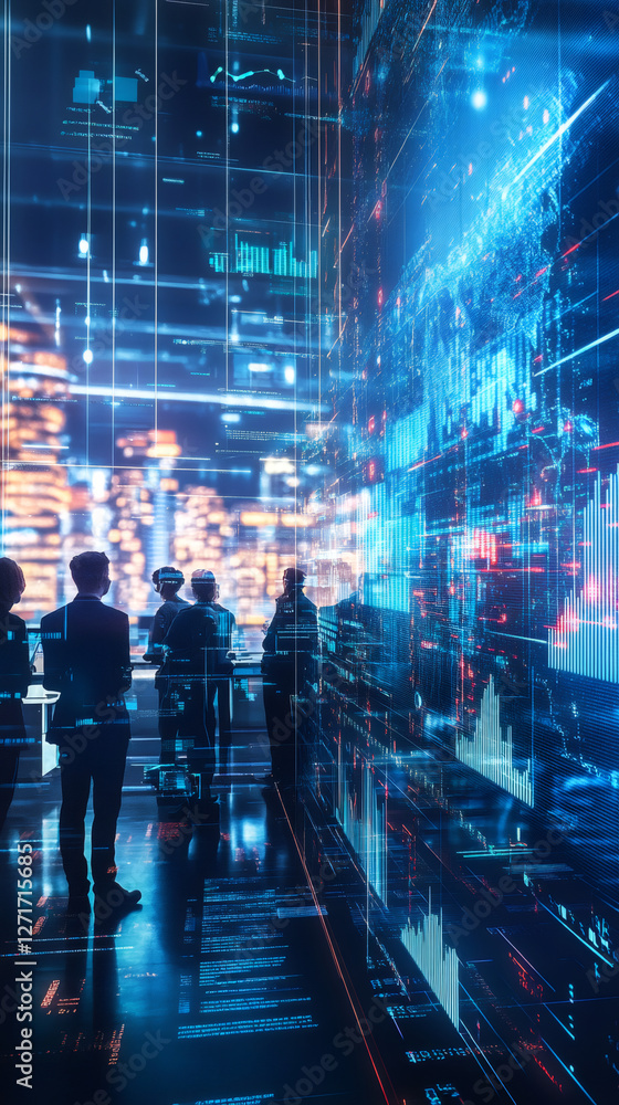 Poster businesspeople looking at futuristic big data screen with graphs, code and information about a city