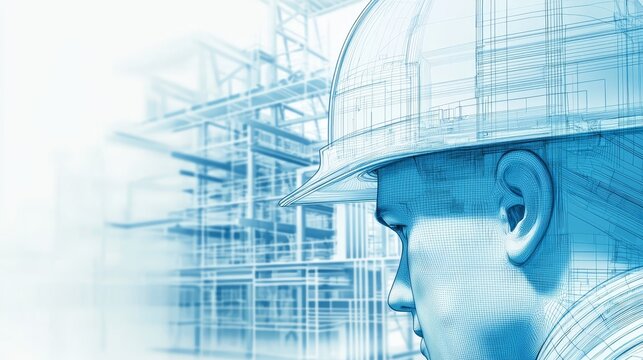 Construction engineer examines blueprint of a modern architectural building design.