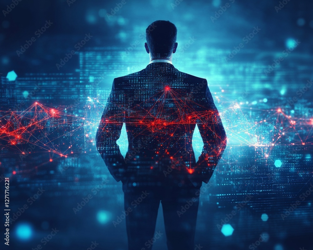 Poster innovative business strategies digital landscape visual technology futuristic environment back view 