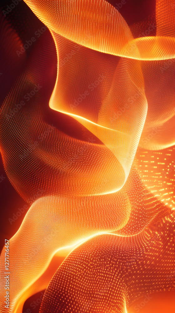 Poster Digital orange particles waving through dark cyberspace, representing big data network flow