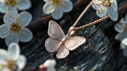 Naklejka premium Delicate Rose Gold Butterfly Pendant Among Blossoming Flowers