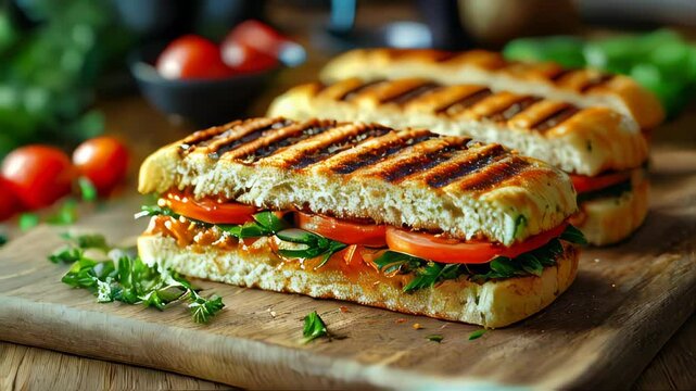 A grilled panini sandwich with tomatoes, arugula, and fresh herbs on a wooden cutting board
