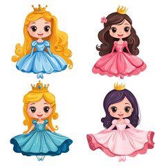 Fototapeta premium Four adorable princesses in beautiful gowns and crowns looking cheerful and magical