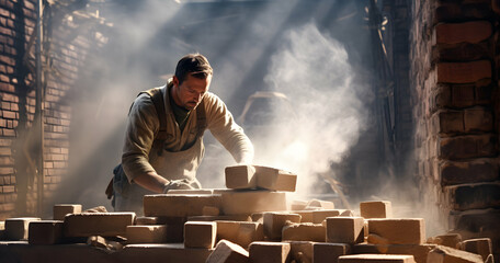 Skilled craftsman at work in a sunlit brick workshop creating intricate stone designs during a quiet afternoon, with dust dancing in the shafts of light