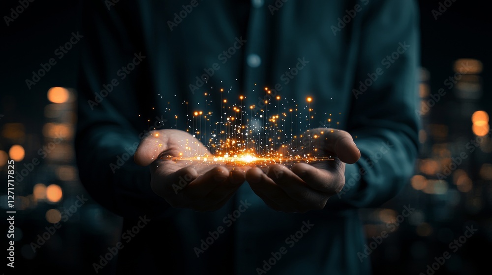 Poster illuminating magic a mysterious figure casting sparkling light in hands urban nightscape background 