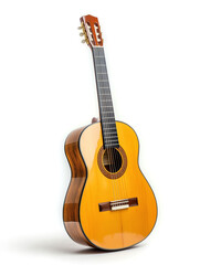 Fototapeta premium Classic wooden acoustic guitar with nylon strings isolated on white background, perfect for traditional and folk music