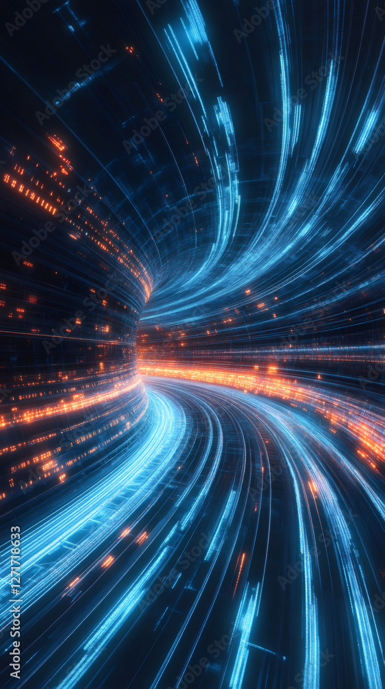 Poster digital data streams in blue and orange glowing through futuristic cyberspace tunnel, transmitting n
