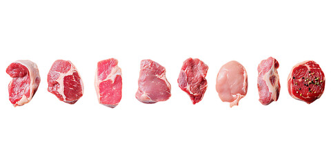 Set of Raw Meat PNG Against Transparent Background for Culinary Designs, Butchery Branding, or Food Packaging